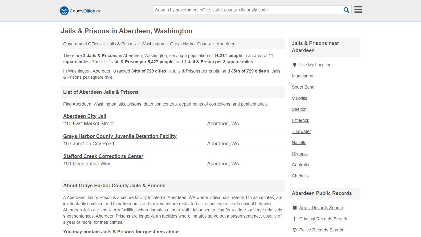 Jails & Prisons - Aberdeen, WA (Inmate Rosters & Records) - County Office